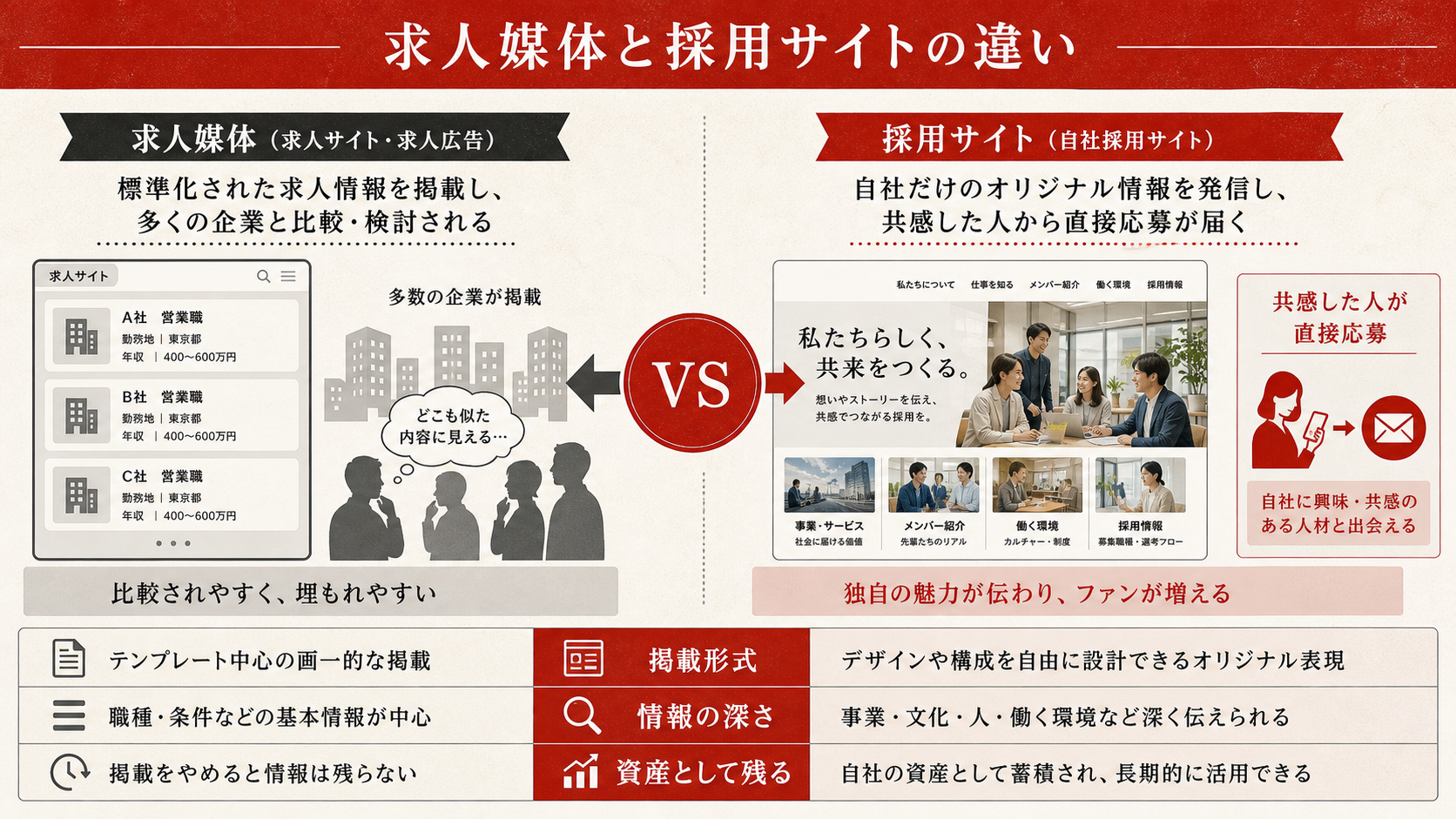 求人媒体と採用サイトの違いを示す表（達人ラボ）