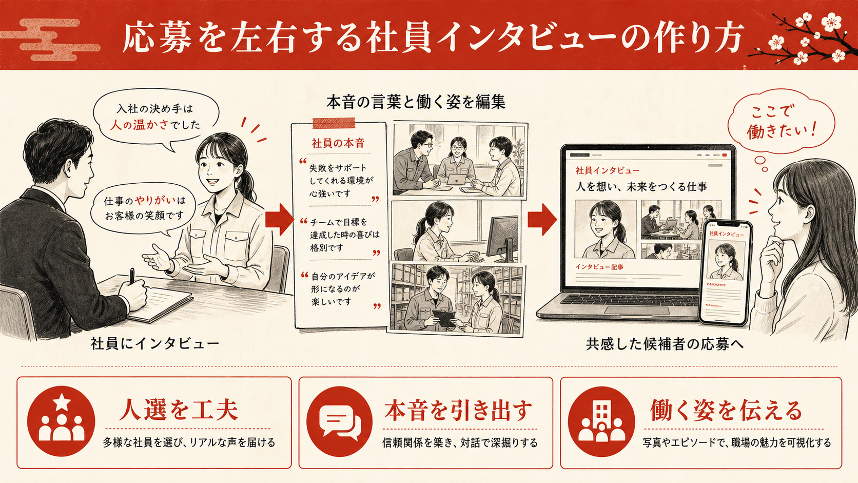 社員インタビューの作り方を示すステップ図（達人ラボ）