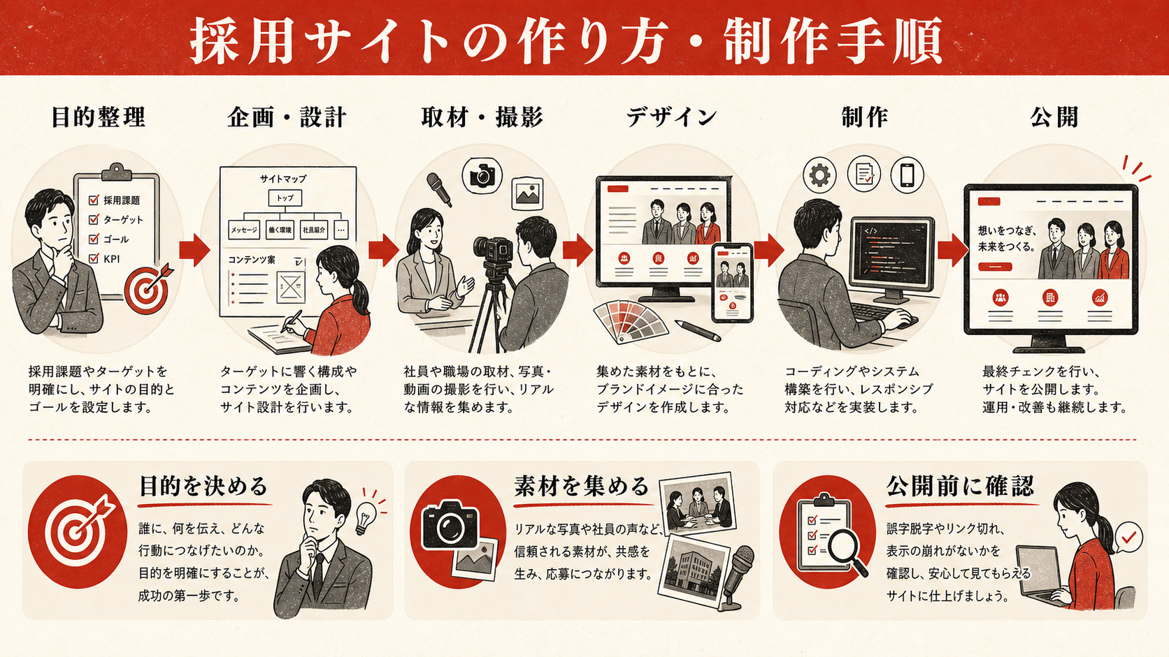 採用サイト制作の手順を示すステップ図（達人ラボ）