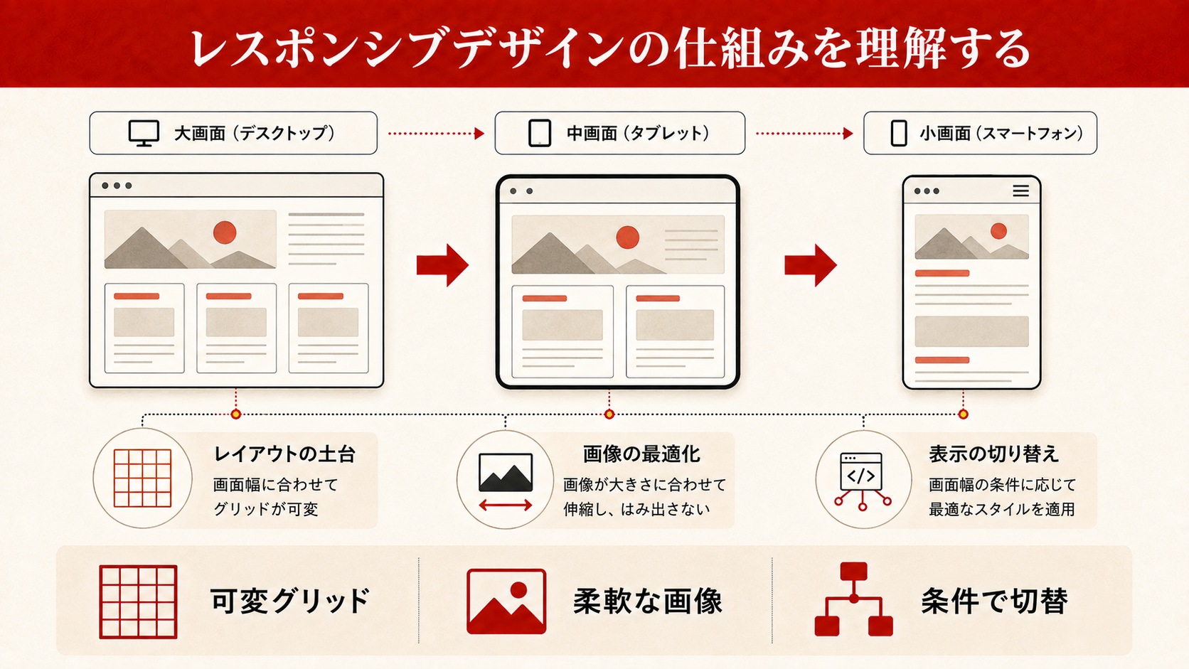 レスポンシブ・別URL・動的配信の3方式を比較した図解(達人ラボ)