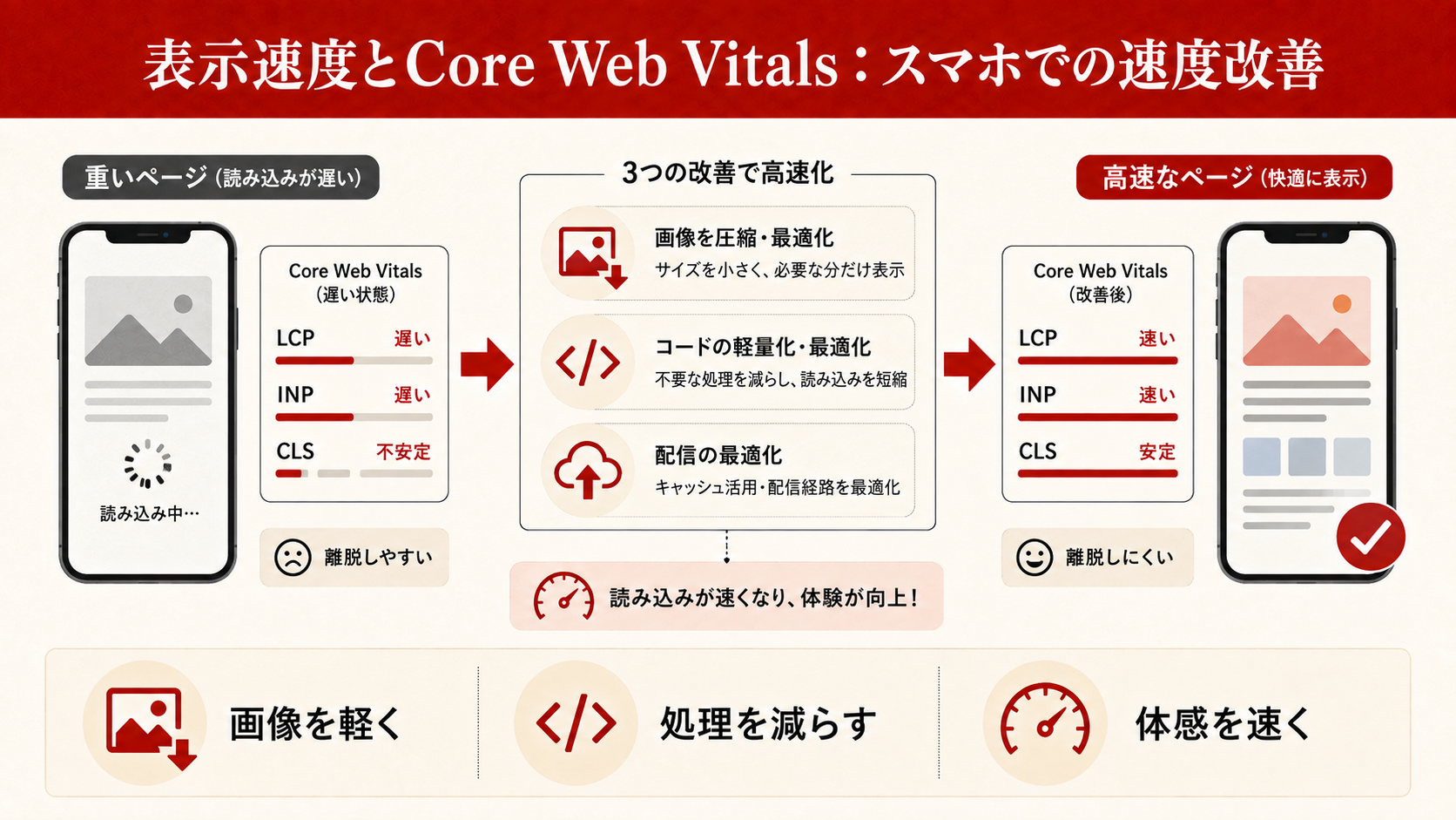 スマホ最適化の各要素(文字・ボタン・画像・表)の基準値を示す図解(達人ラボ)