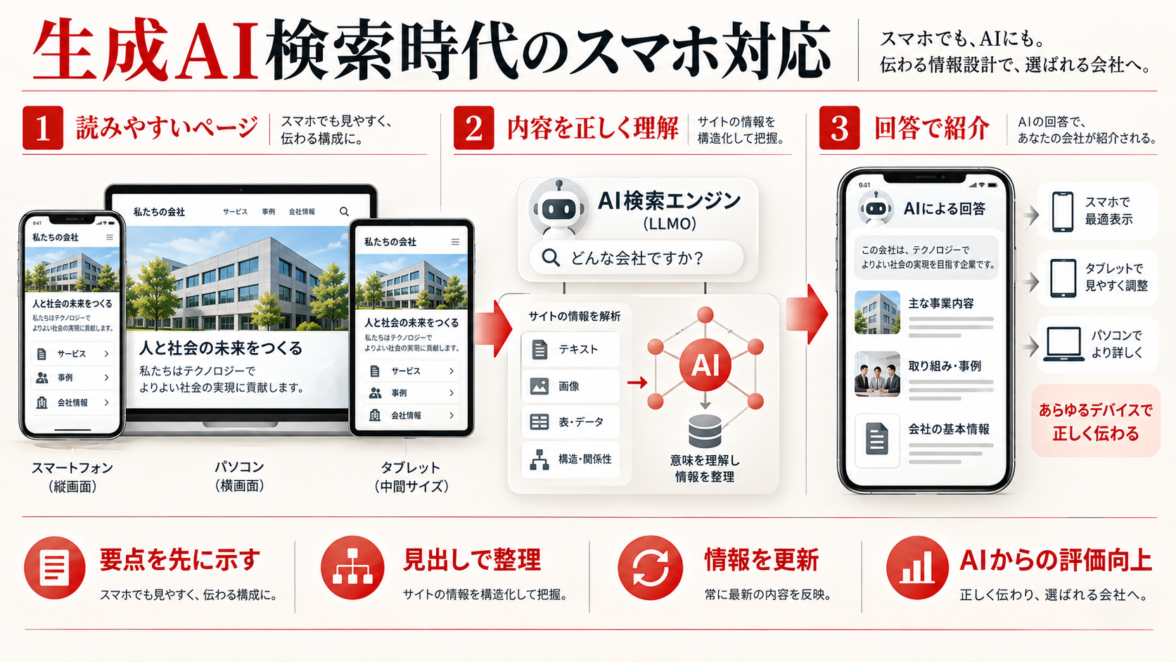 生成AI検索(LLMO)とスマホ対応の関係を示す図解(達人ラボ)