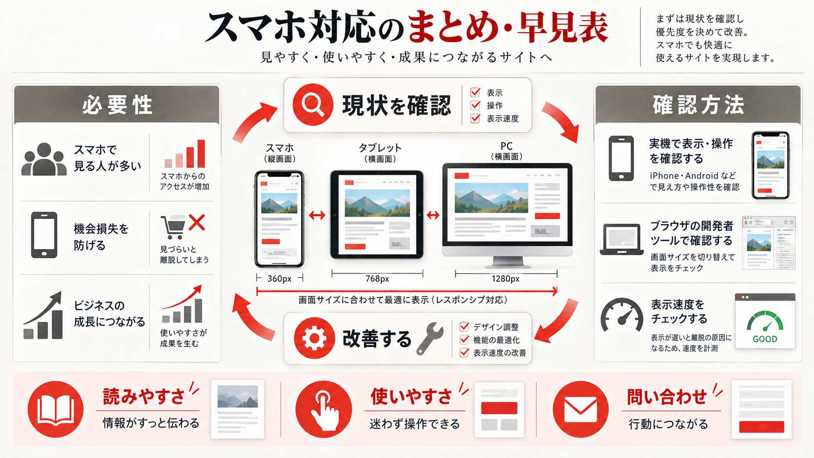 スマホ対応(レスポンシブ)の重要ポイントをまとめた早見表の図解(達人ラボ)