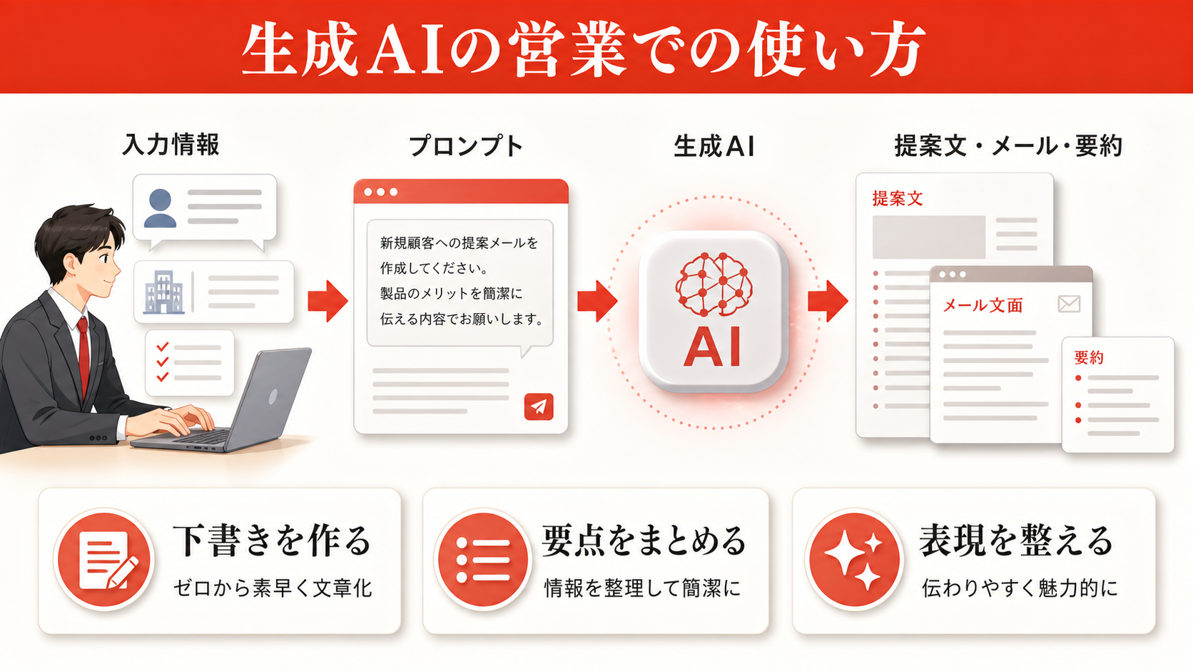 生成AIの営業での使い方を示すステップ図(達人ラボ)