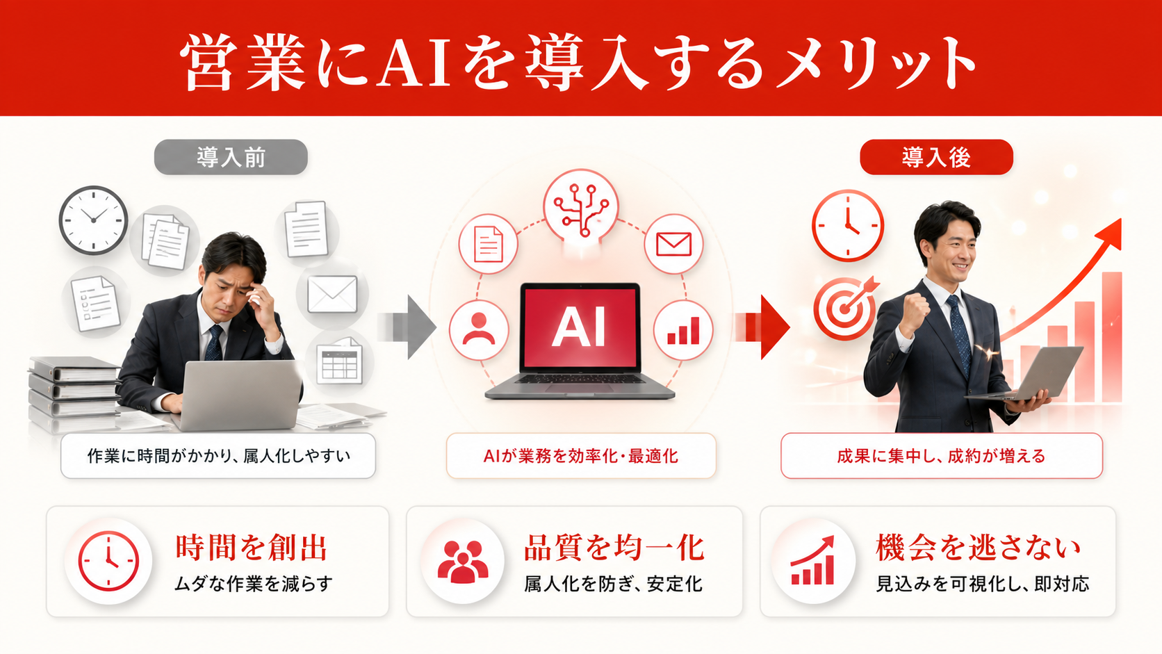 営業にAIを導入するメリットを示すステップ図(達人ラボ)