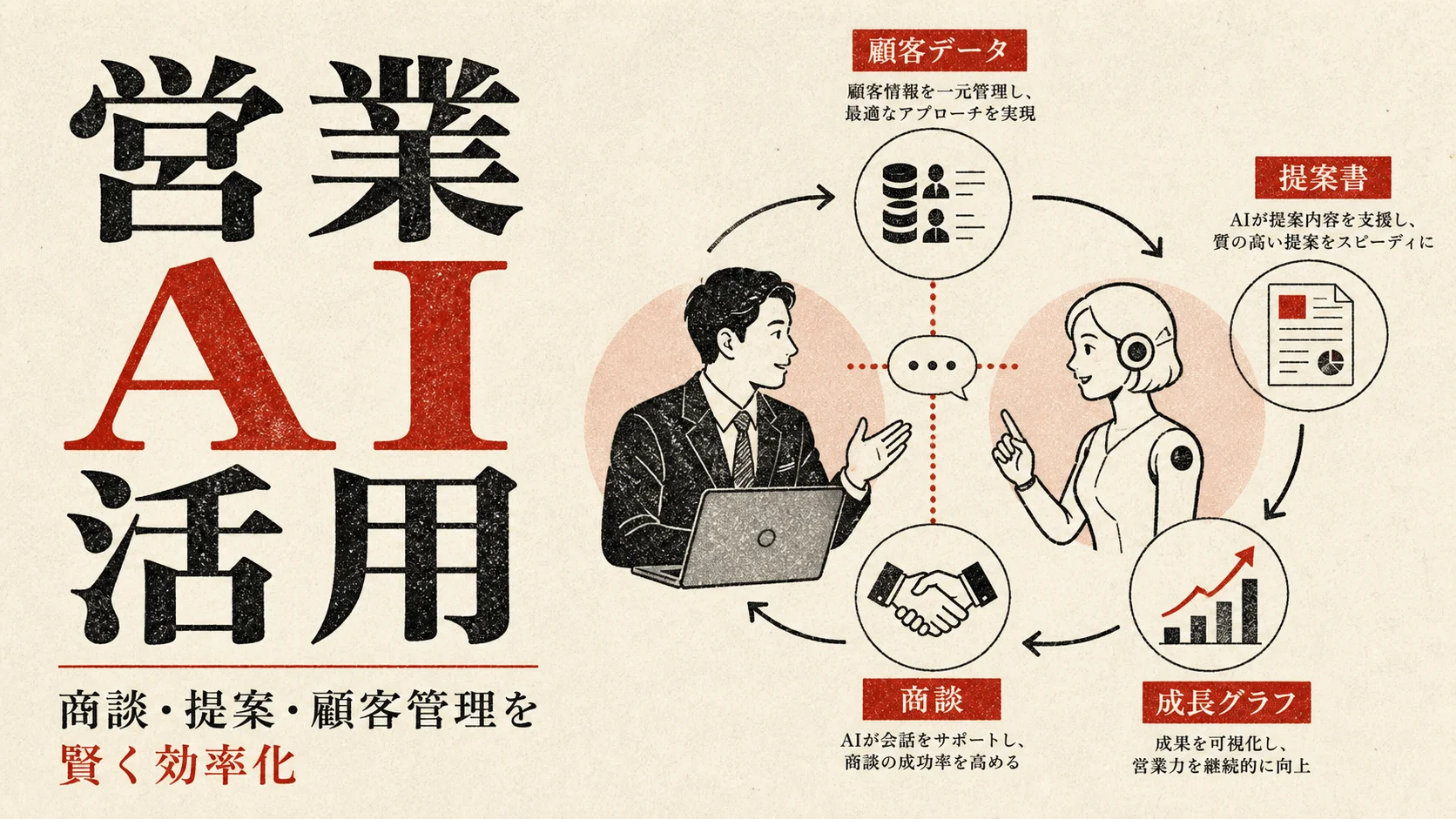 営業でのAI活用方法｜生成AIで効率化できる業務と導入手順｜アイキャッチ