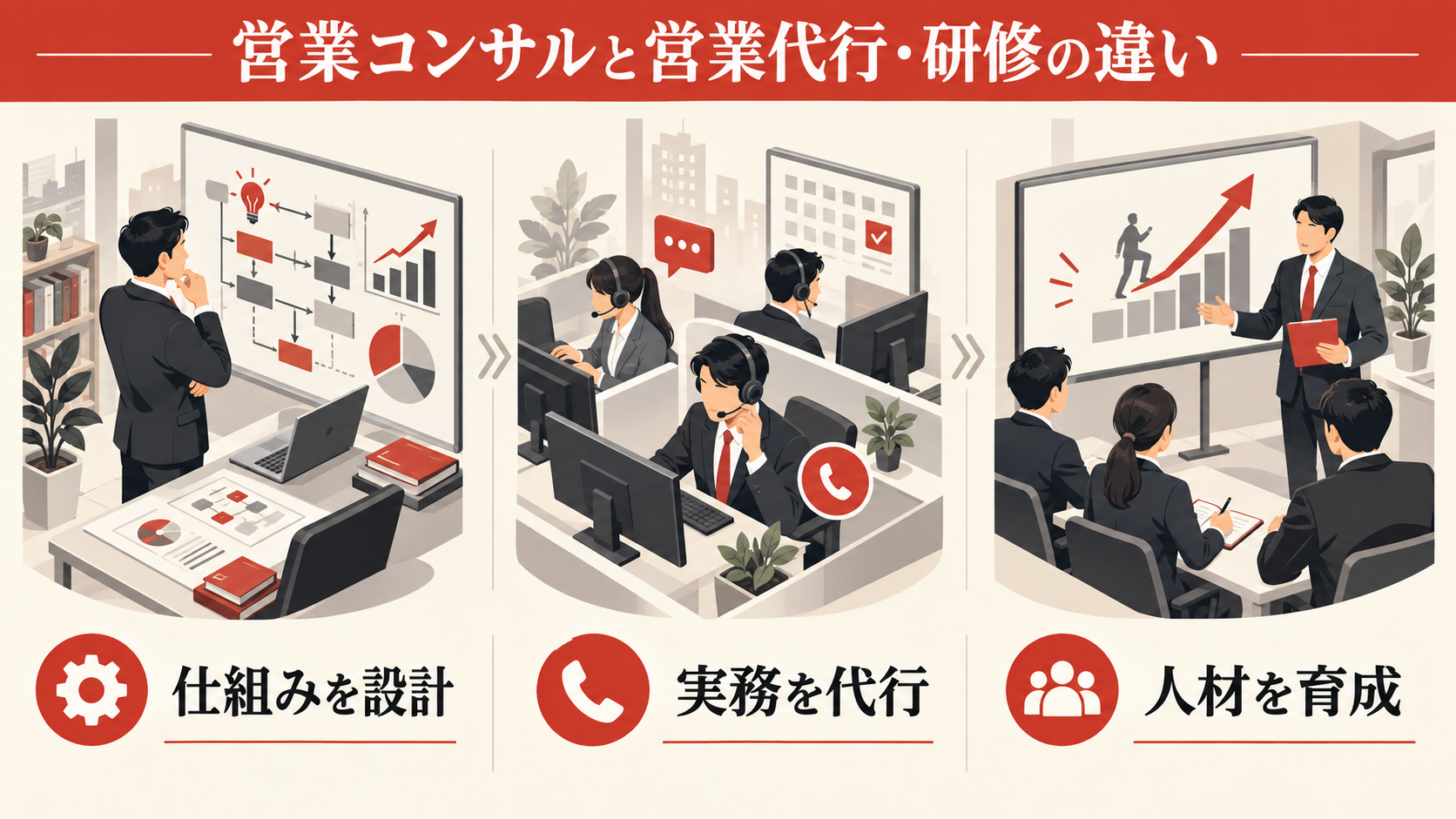 営業コンサルと営業代行・研修の違いの図解｜達人ラボ