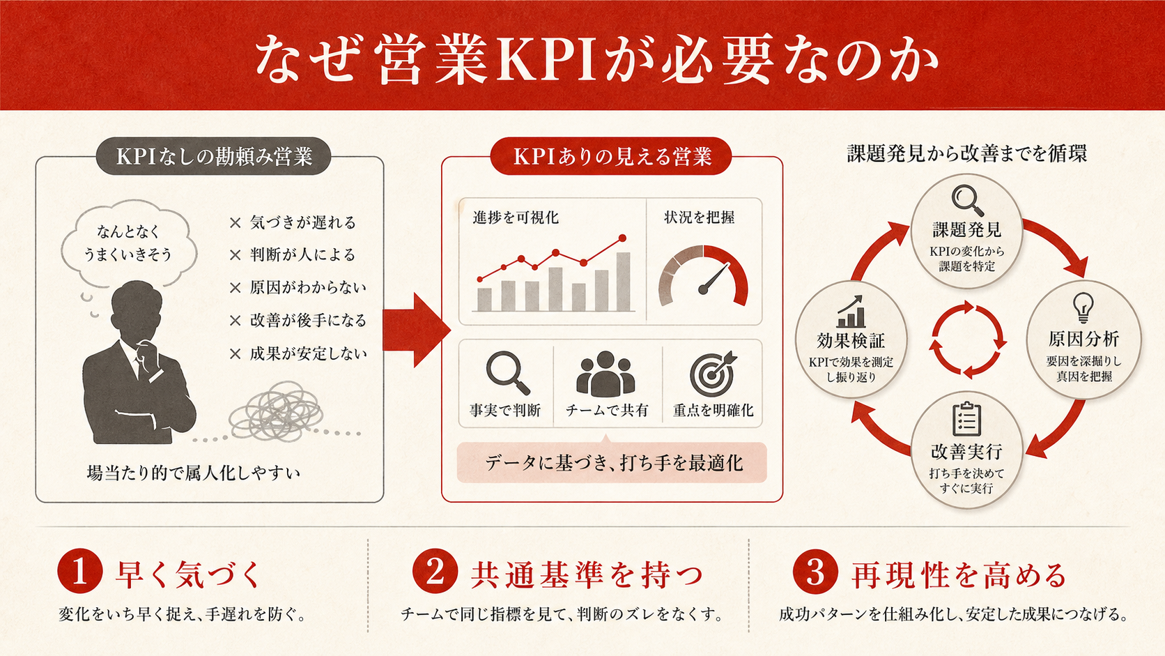 営業KPIがもたらす改善サイクルを示すフロー図(達人ラボ)