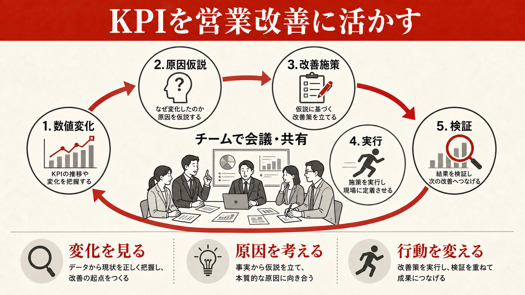 KPIを営業改善に活かす手順を示すステップ図(達人ラボ)