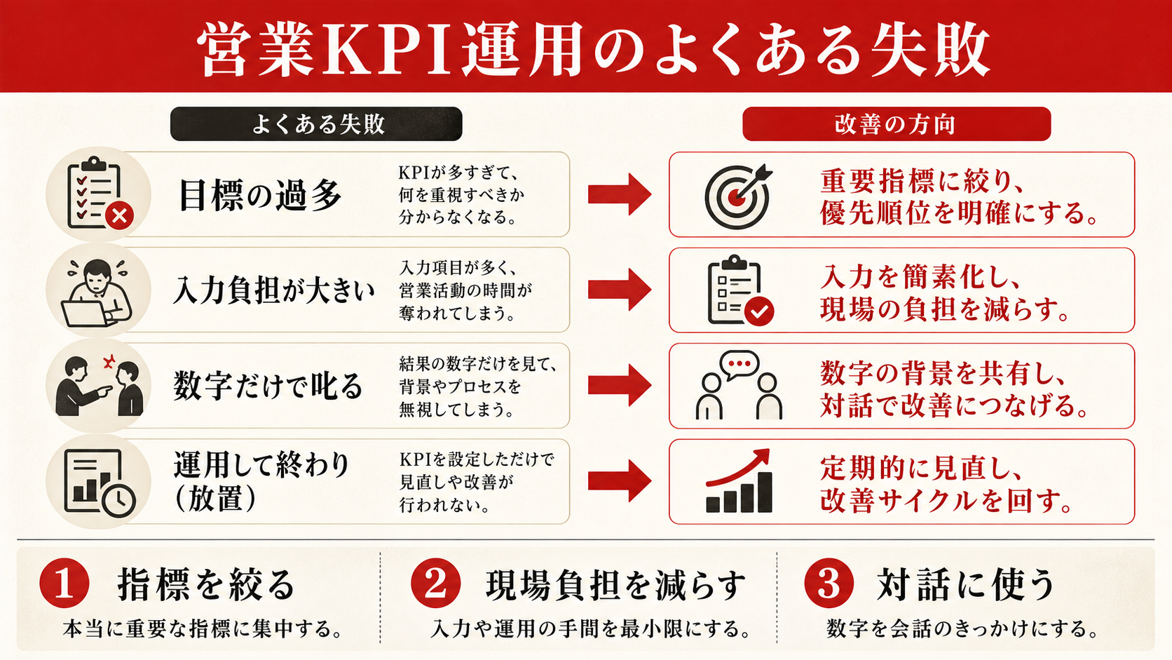 営業KPI運用のよくある失敗を示す表(達人ラボ)