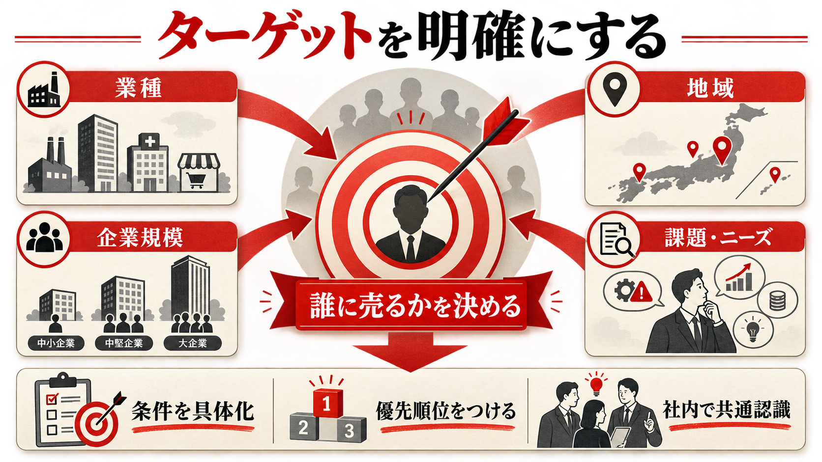営業リストのターゲット設定の流れを示すステップ図(達人ラボ)