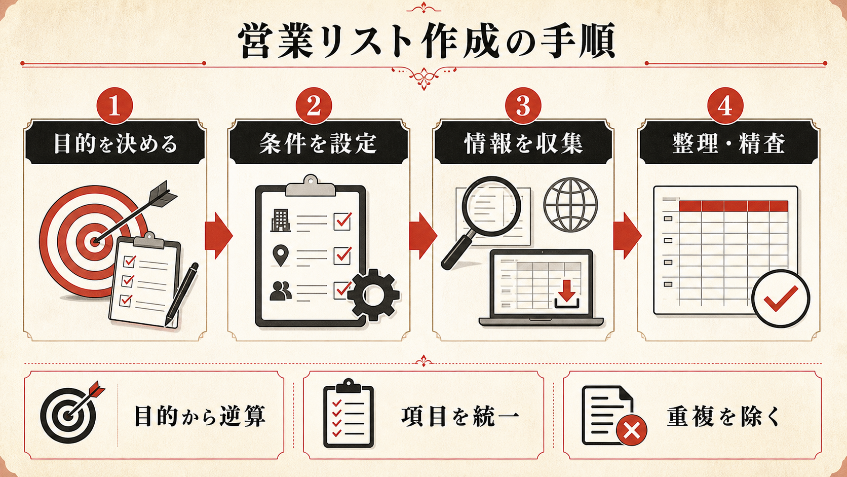 営業リスト作成の手順を示すステップ図(達人ラボ)