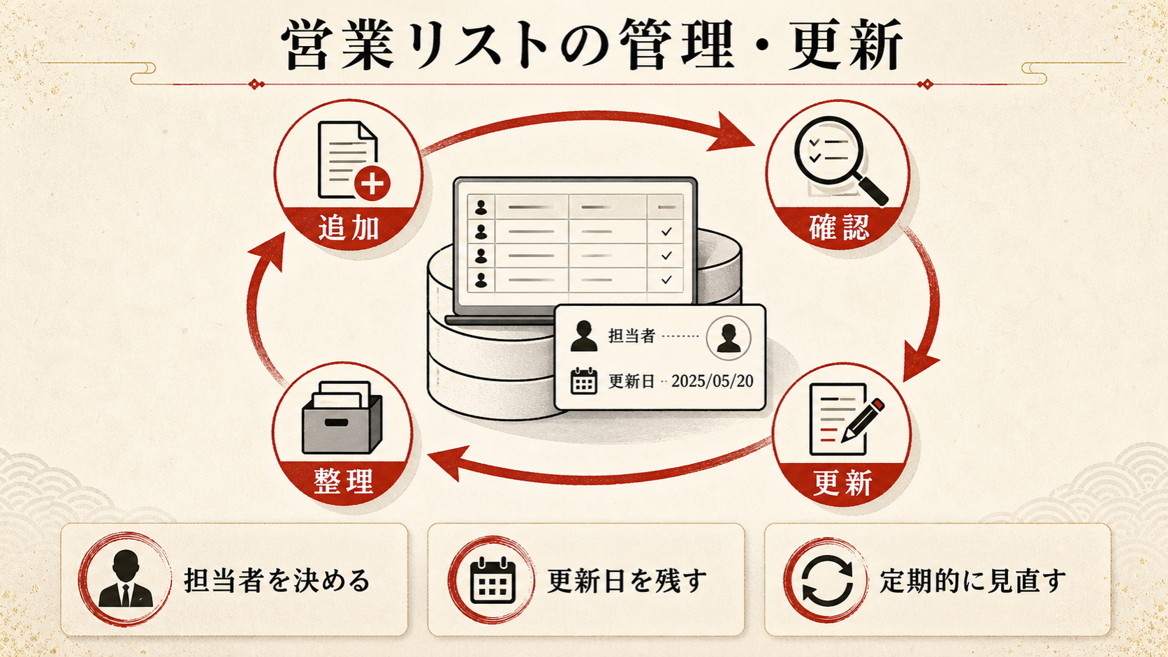 営業リストの管理・更新の流れを示すフロー図(達人ラボ)