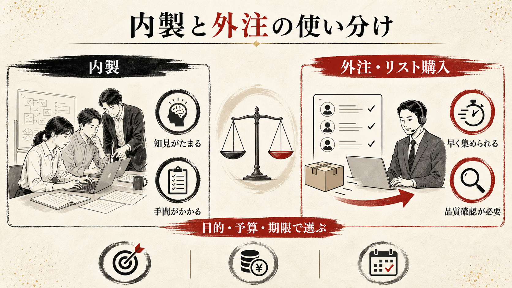 営業リストの内製と外注の比較を示す表(達人ラボ)