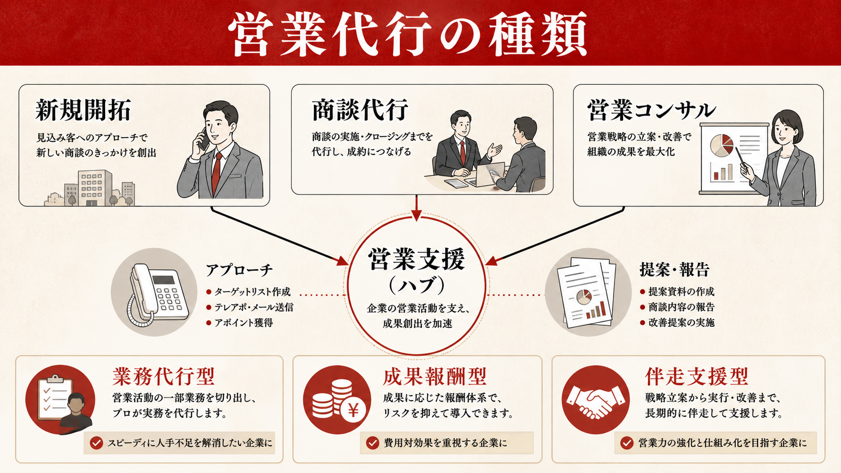 営業代行の種類を示す表（達人ラボ）