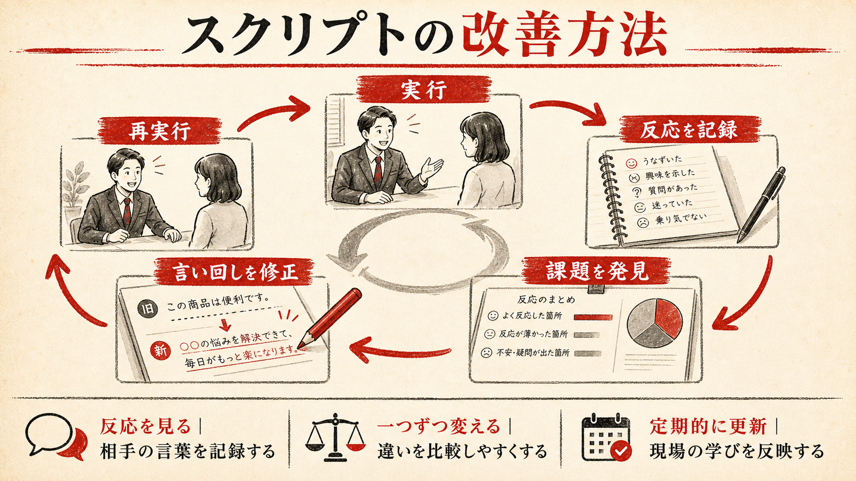 スクリプトの改善方法を示すフロー図（達人ラボ）