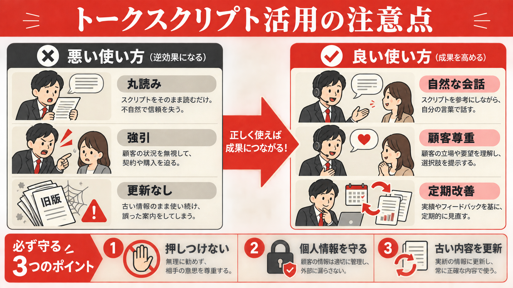 トークスクリプト活用の注意点を示す表（達人ラボ）