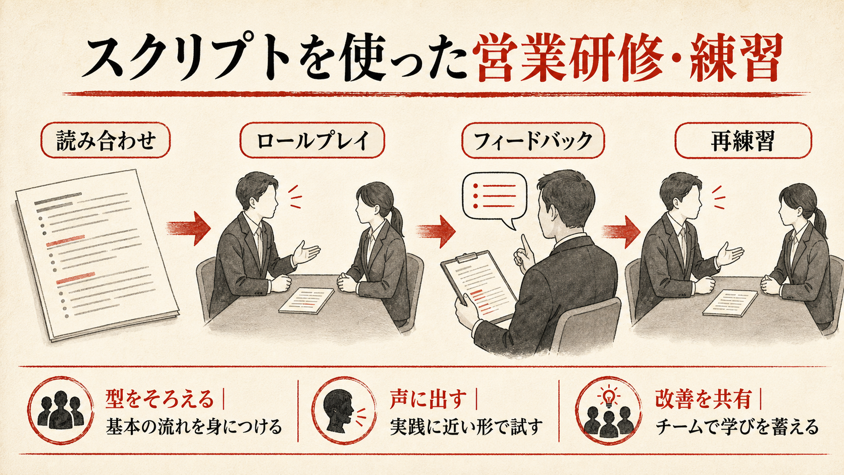 スクリプトを使った営業研修・練習を示すステップ図（達人ラボ）