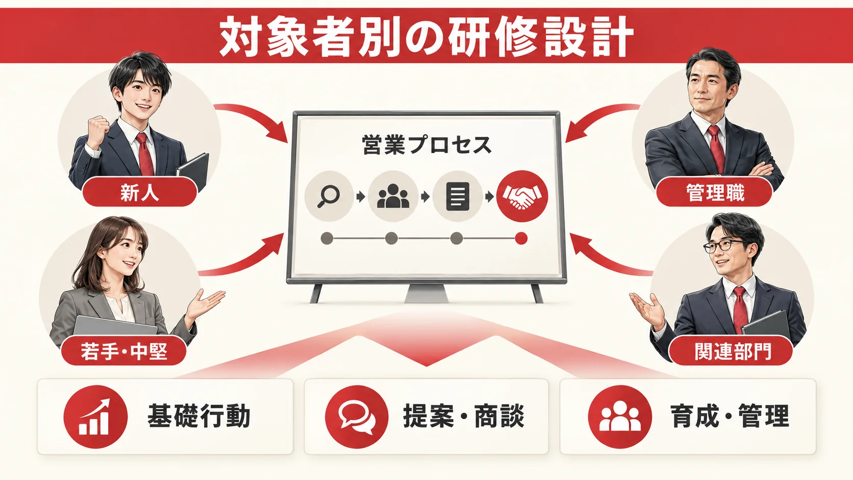 営業研修で学べる内容と対象者別の設計の図解｜達人ラボ