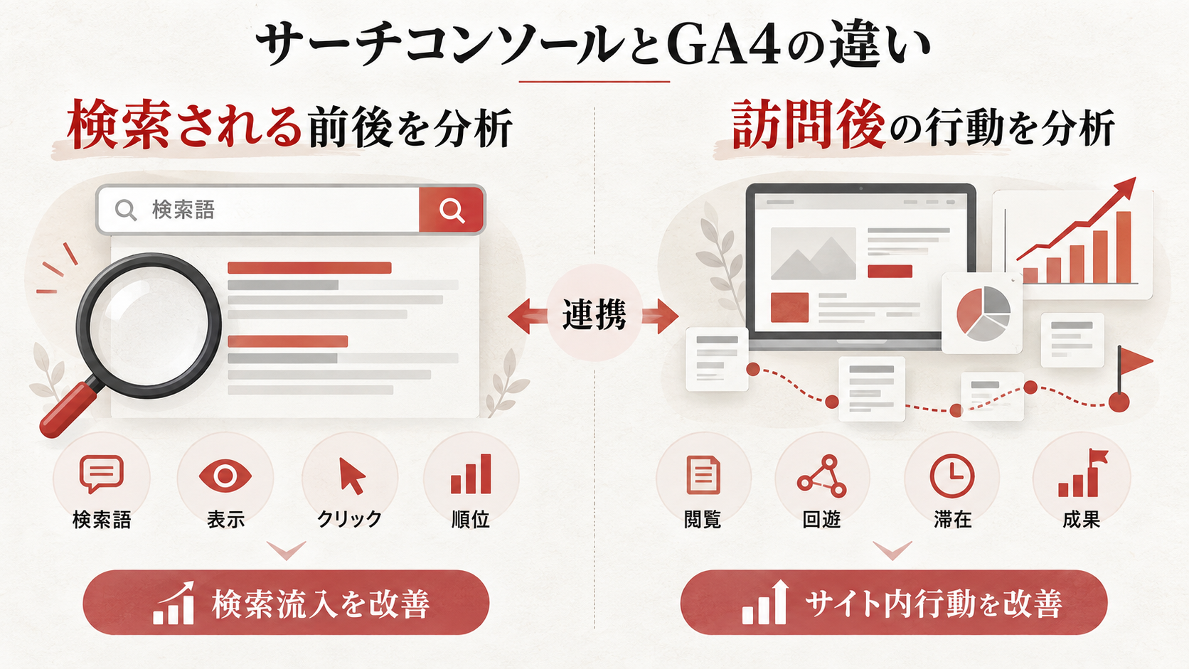 サーチコンソールとGA4の違いと使い分けを整理した図解(達人ラボ)