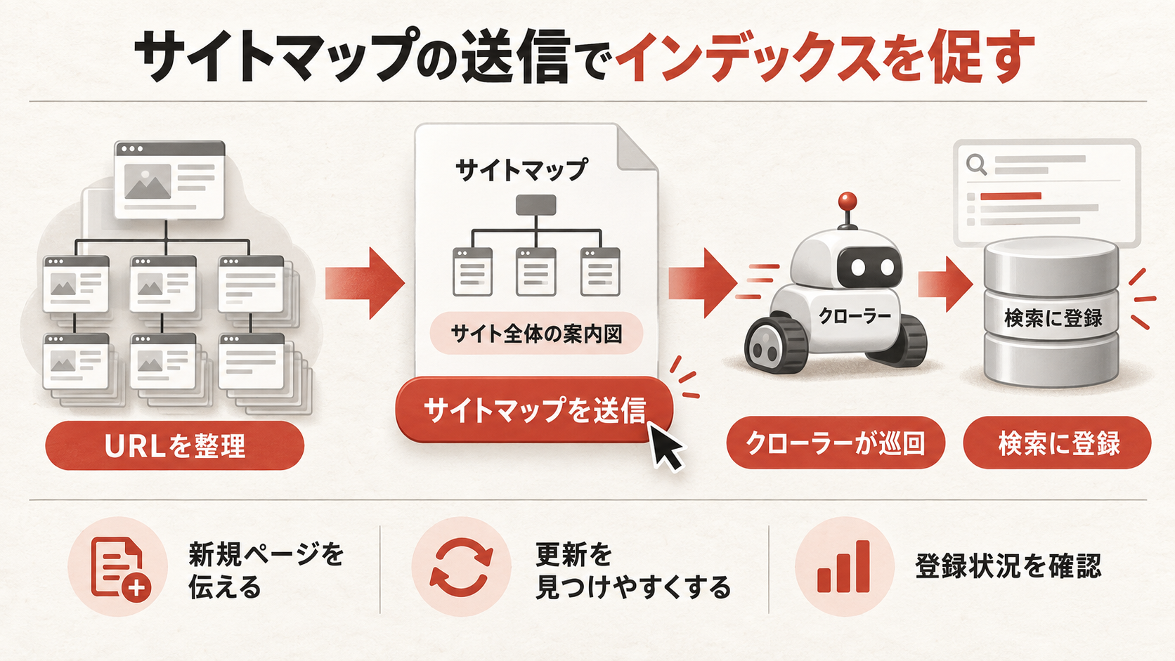 サイトマップの送信でインデックスを促すを整理した図解(達人ラボ)