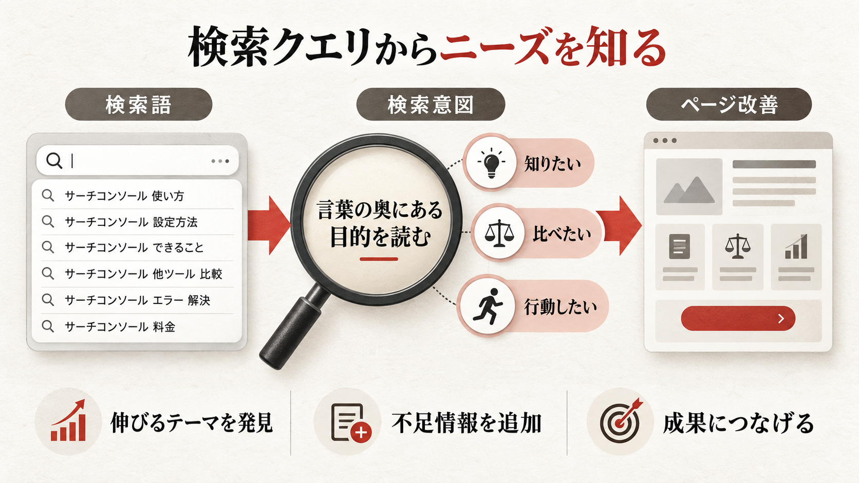 検索クエリ分析でユーザーのニーズを知るを整理した図解(達人ラボ)