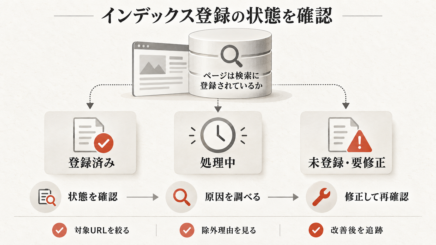 インデックス登録の確認とページの状態把握を整理した図解(達人ラボ)