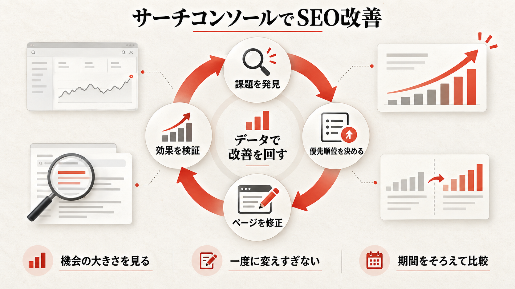 サーチコンソールを使ったSEO改善の実践を整理した図解(達人ラボ)