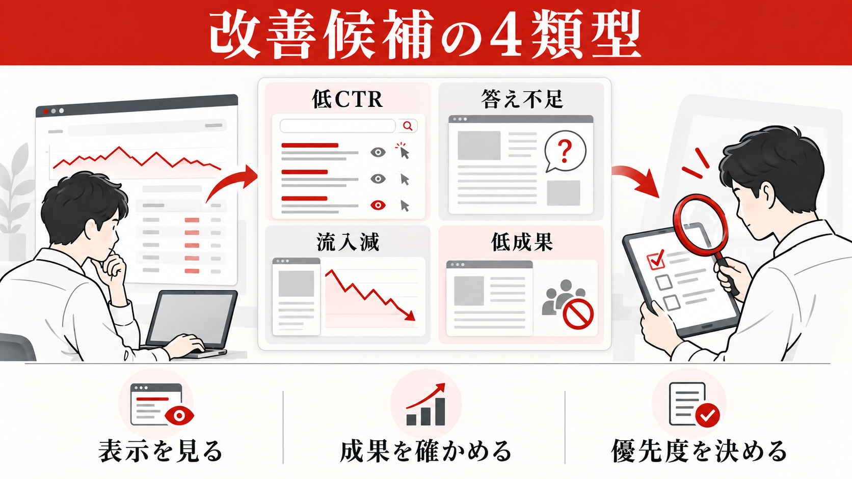 Search Consoleで記事をリライトする方法|改善ページの選び方と手順|改善候補を四つの型に分けるの図解