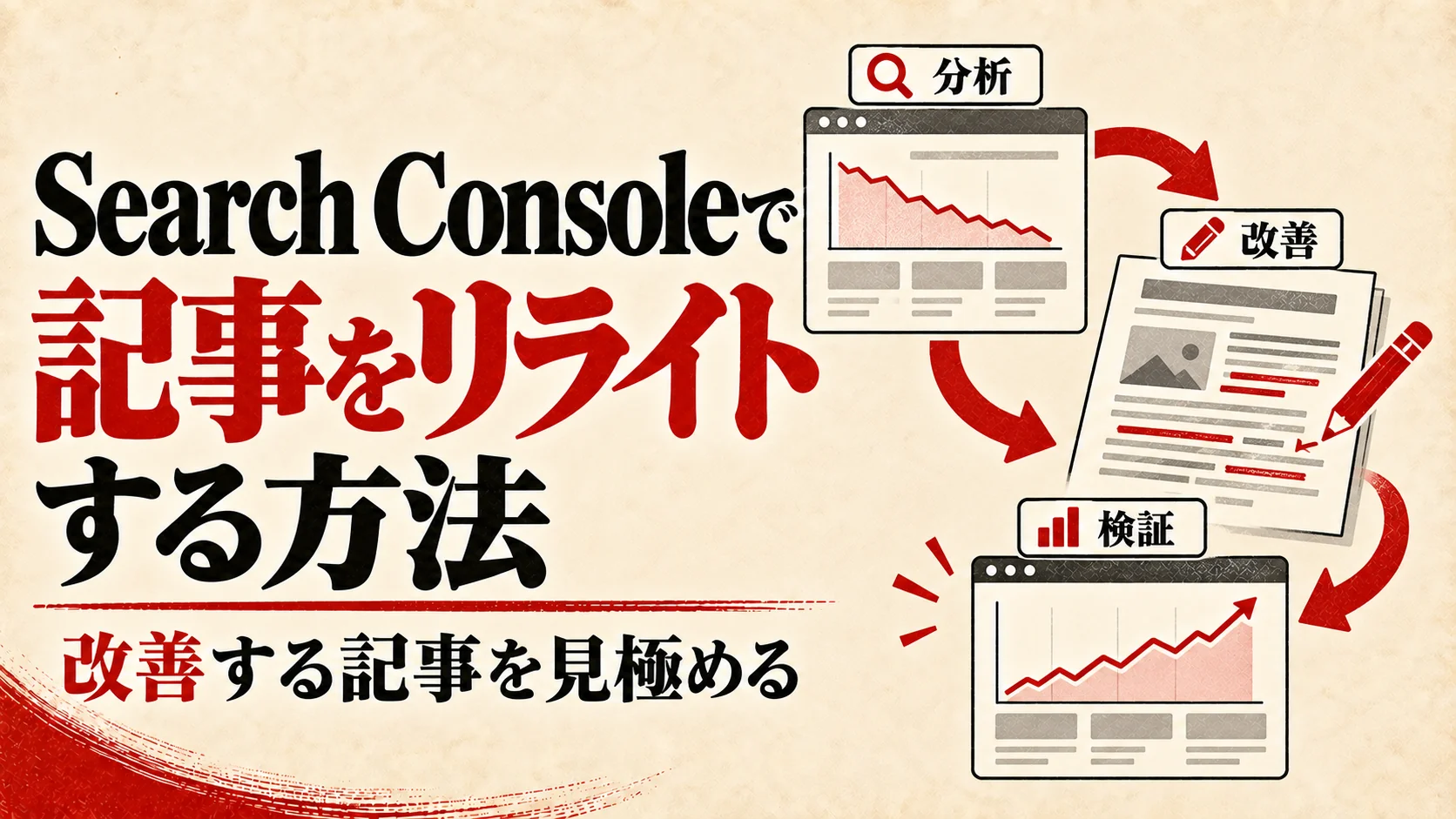 Search Consoleで記事をリライトする方法｜改善ページの選び方と手順｜アイキャッチ