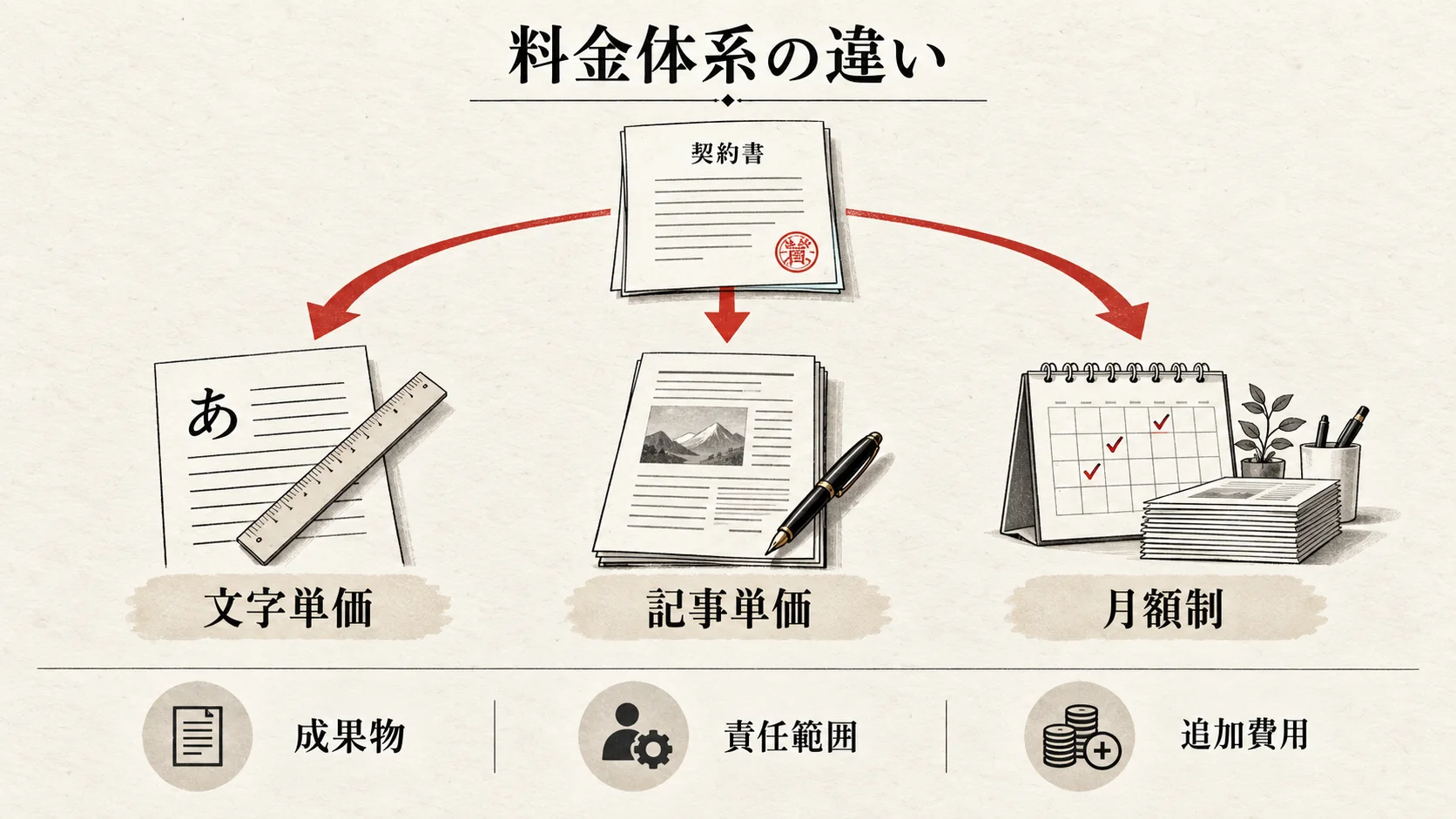 文字単価・記事単価・月額制の違いの図解｜達人ラボ