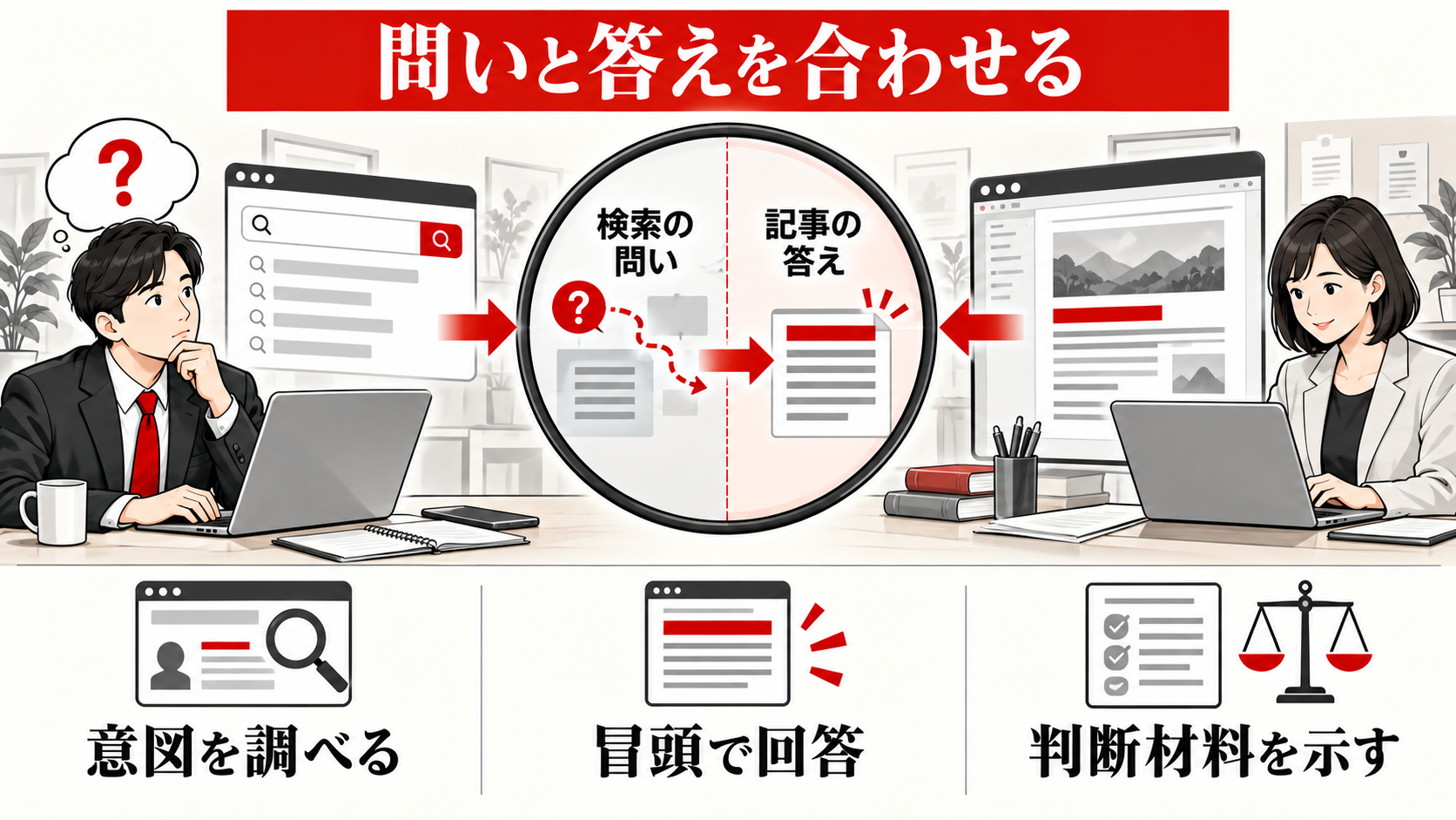 SEOで検索順位が上がらない原因|記事・内部構造・競合を切り分ける方法|検索意図と記事の答えがずれているの図解