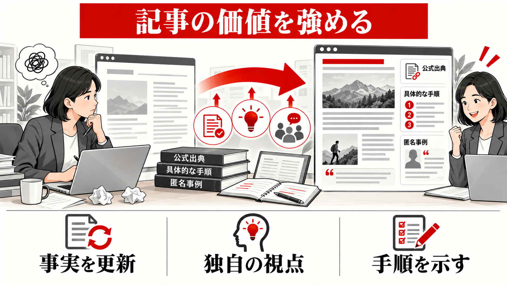 SEOで検索順位が上がらない原因|記事・内部構造・競合を切り分ける方法|記事品質の不足|薄さ、古さ、根拠不足の図解