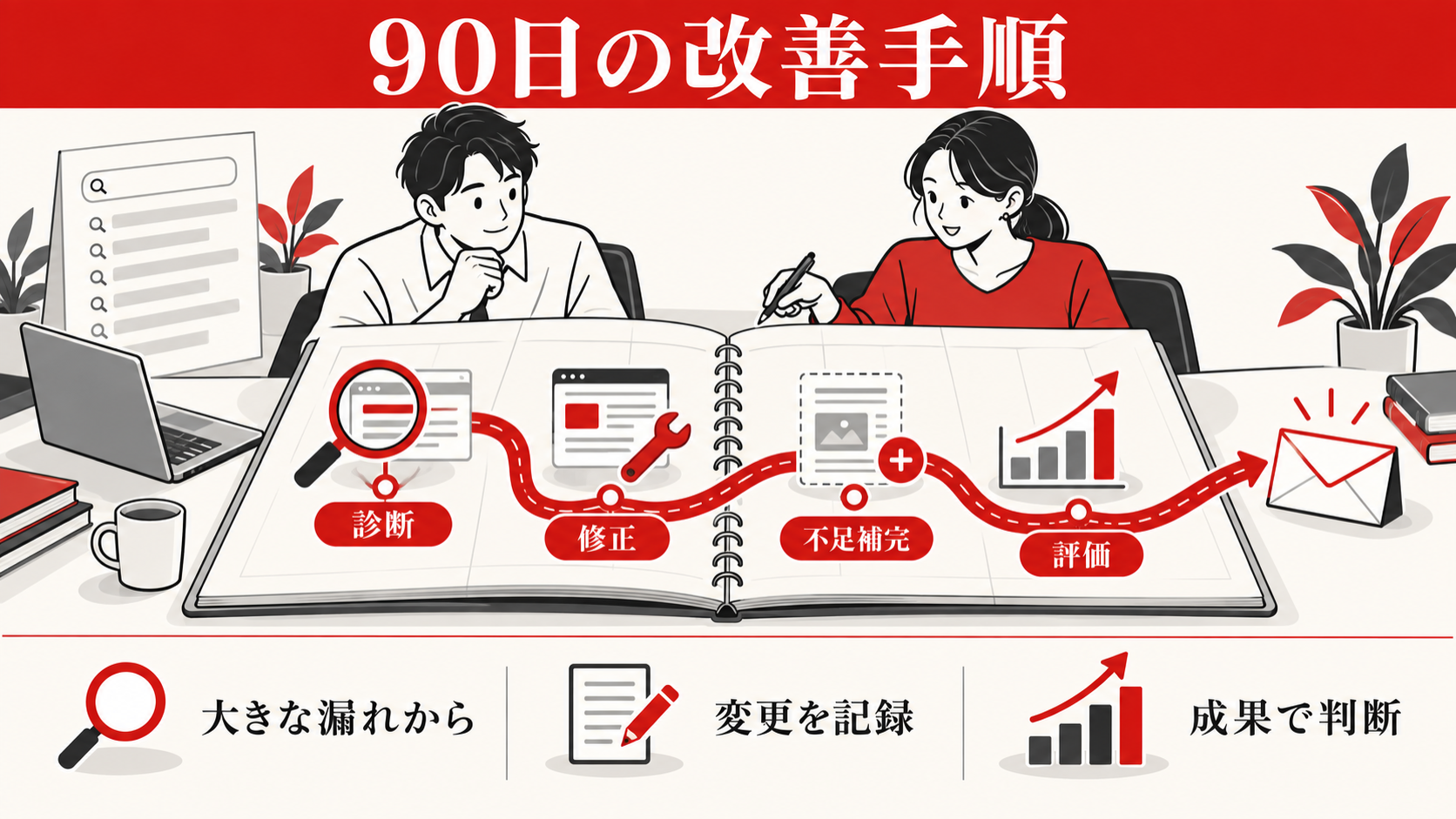 SEOで検索順位が上がらない原因|記事・内部構造・競合を切り分ける方法|優先順位のつけ方と90日改善プランの図解