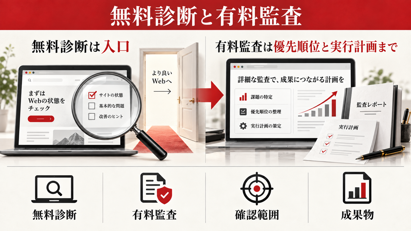 無料診断と有料監査は何が違う?の図解|達人ラボ