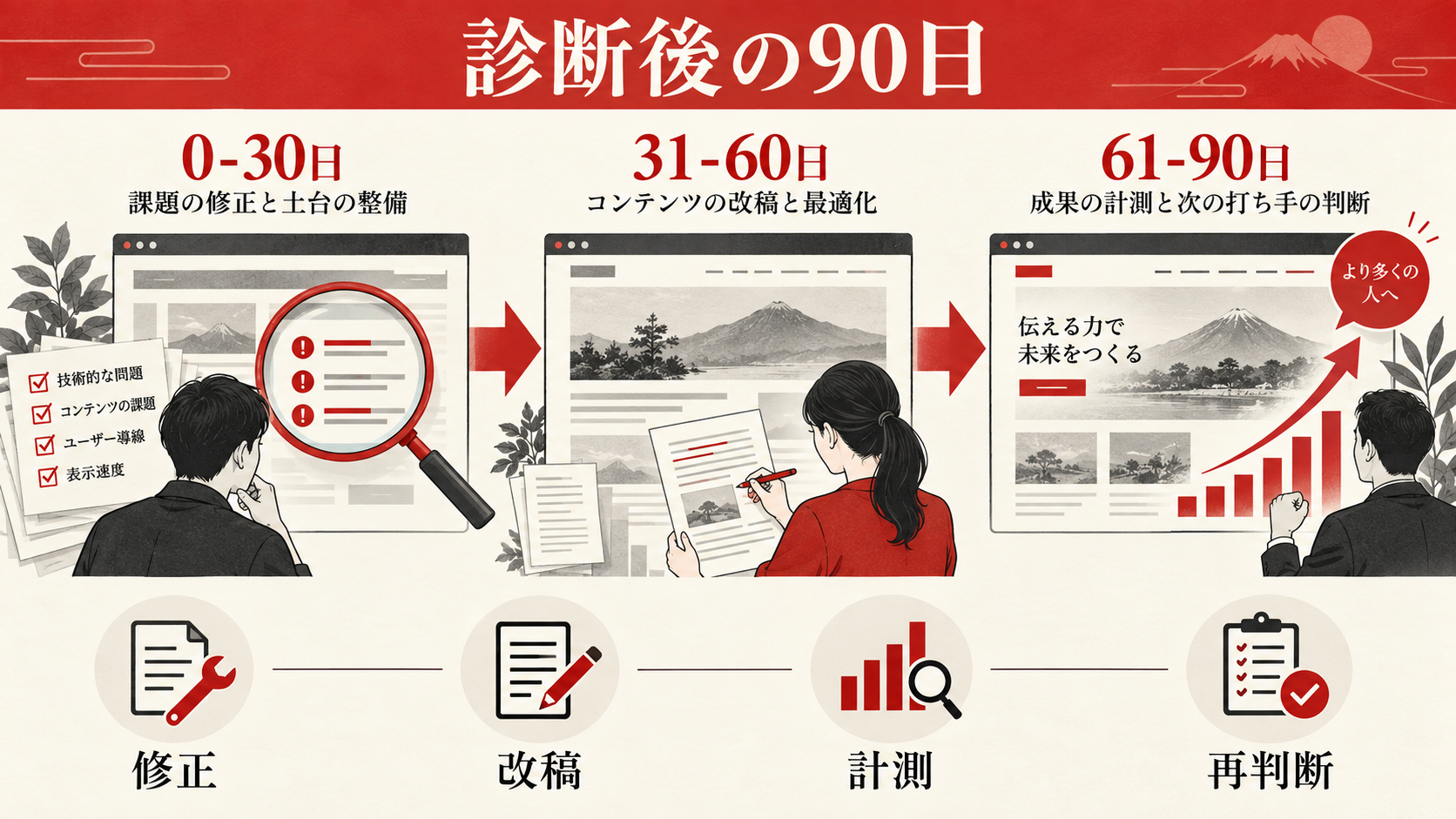診断後に改善を進める90日計画の図解|達人ラボ