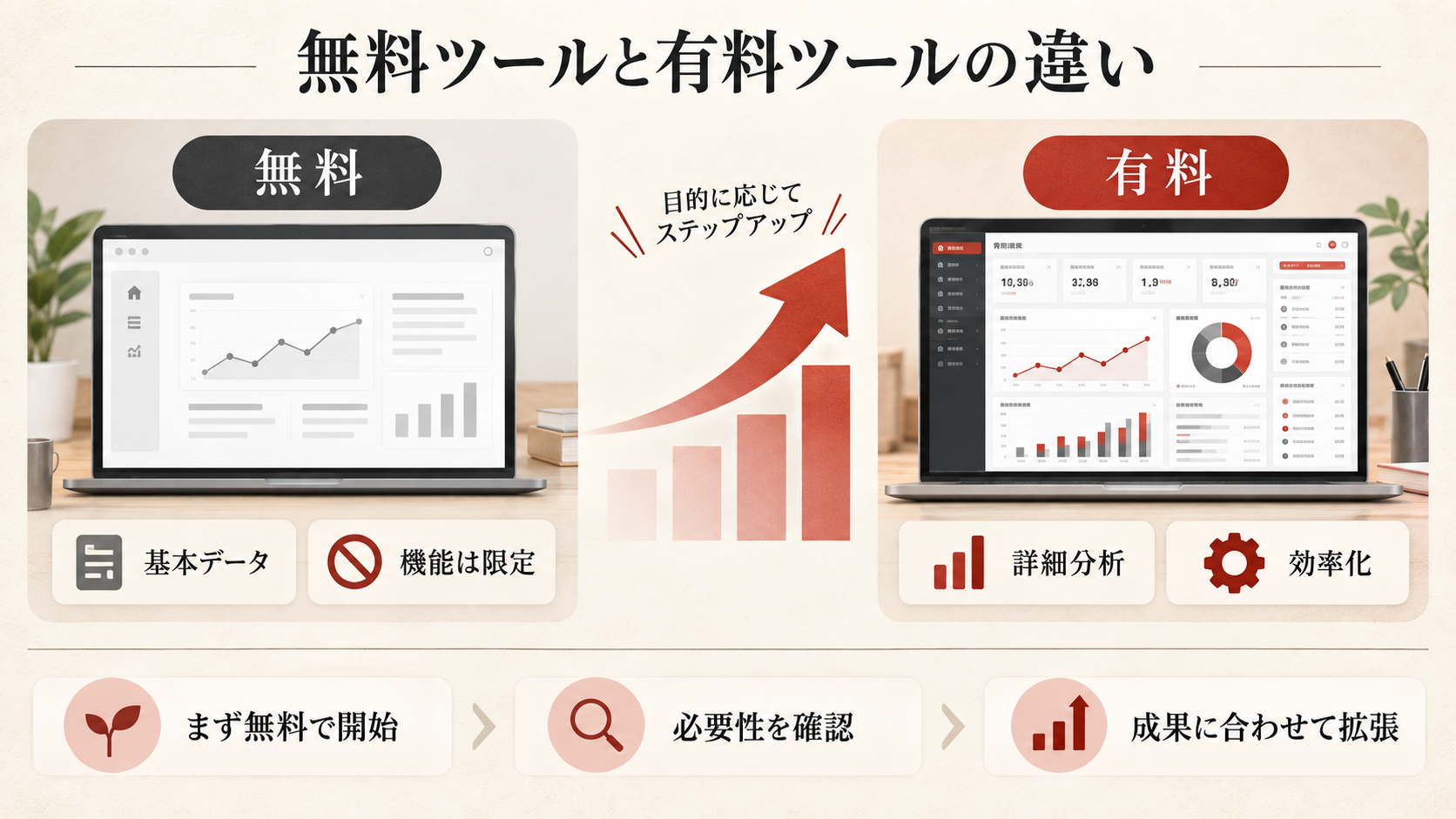 無料ツールと有料ツールの違いを整理した図解(達人ラボ)