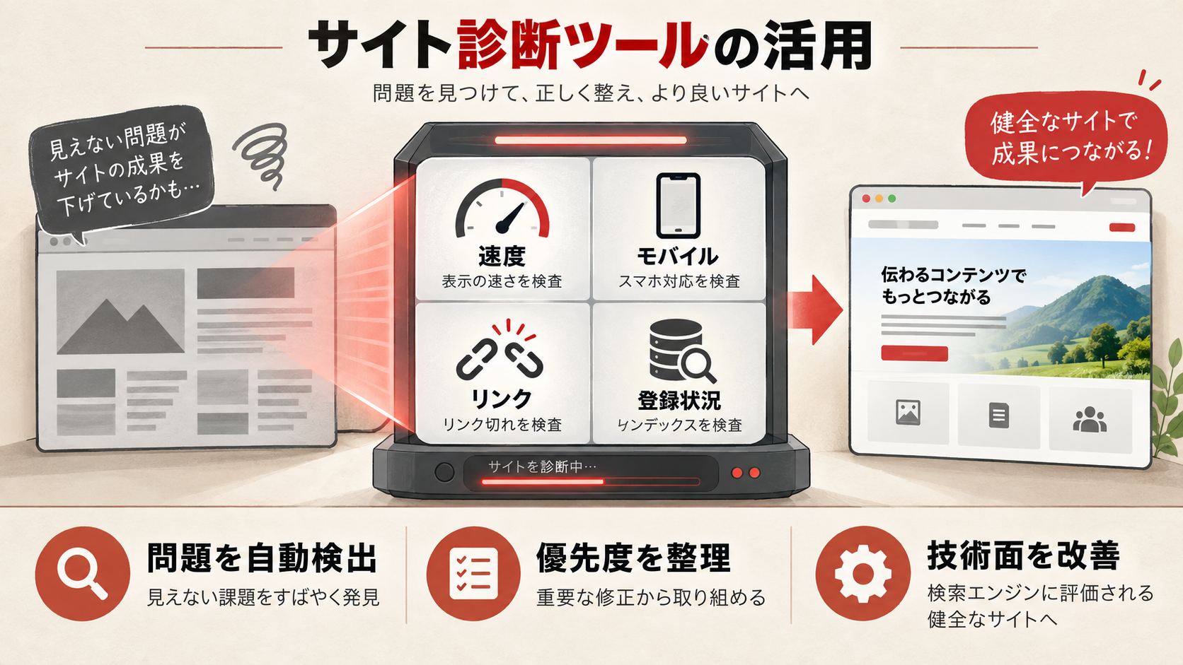 サイト診断ツールの活用を整理した図解(達人ラボ)