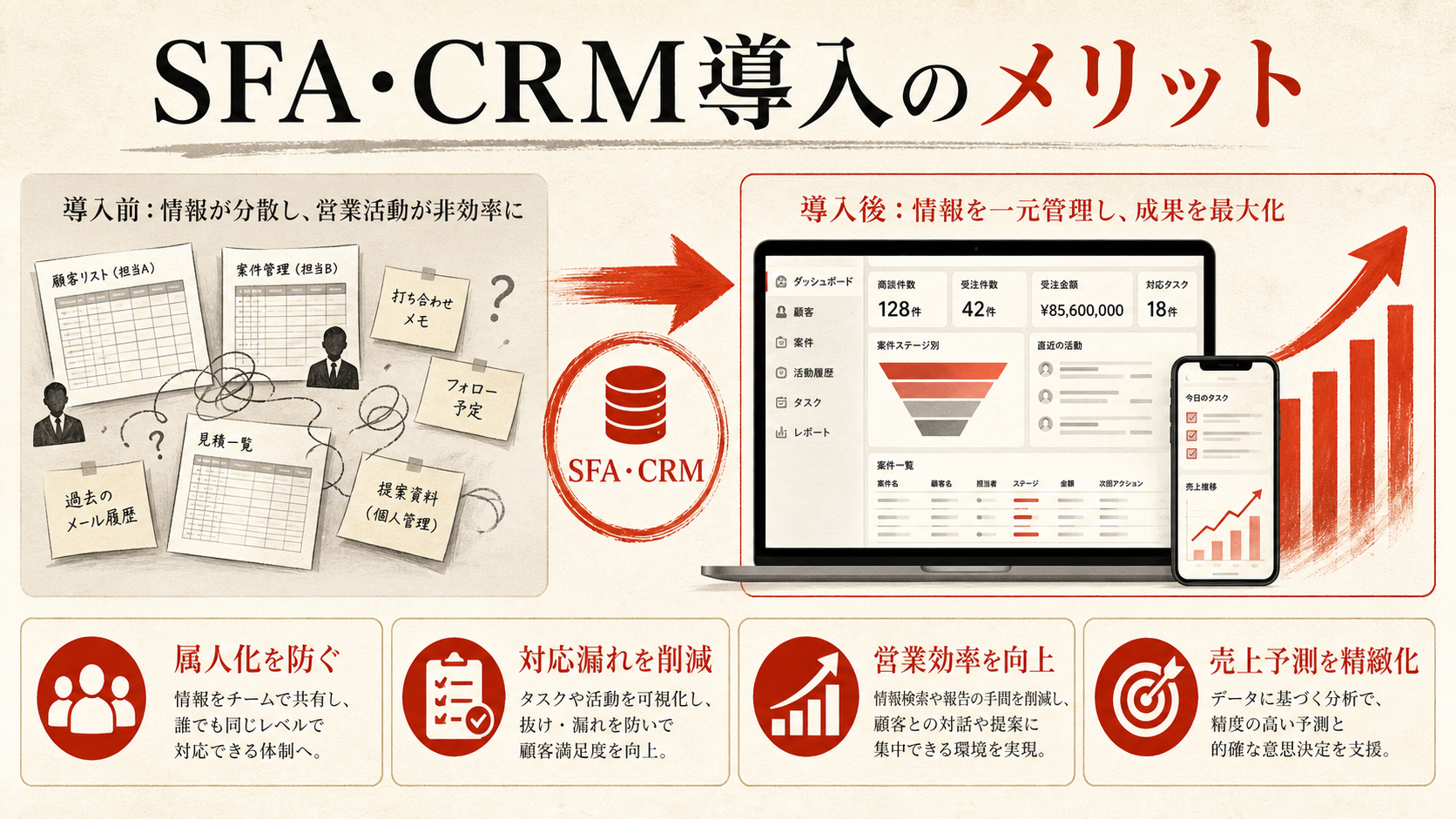 SFA・CRM導入のメリットを示すステップ図(達人ラボ)