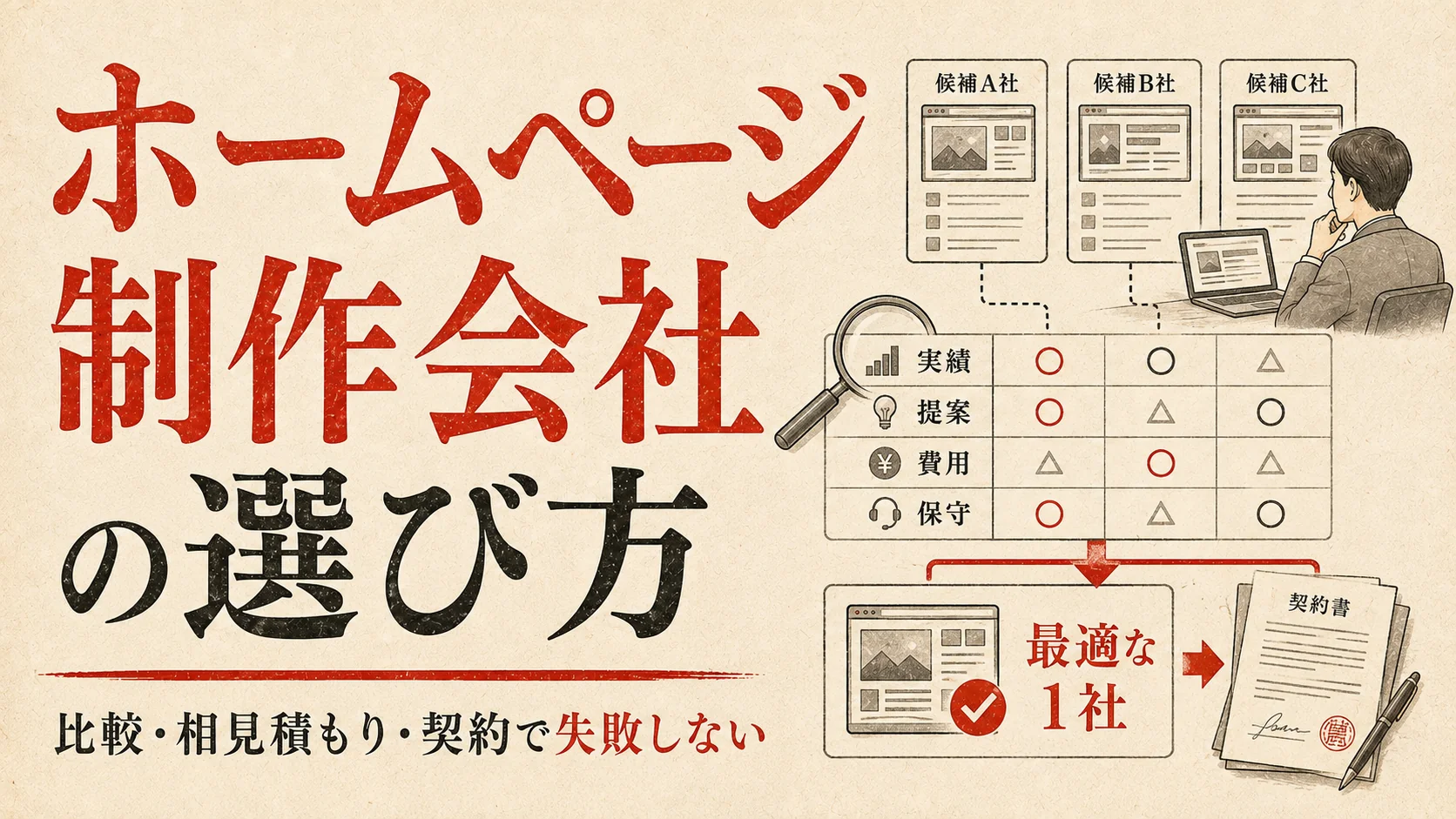 ホームページ制作会社の選び方|比較・見積もり・契約の注意点【2026年版】|アイキャッチ