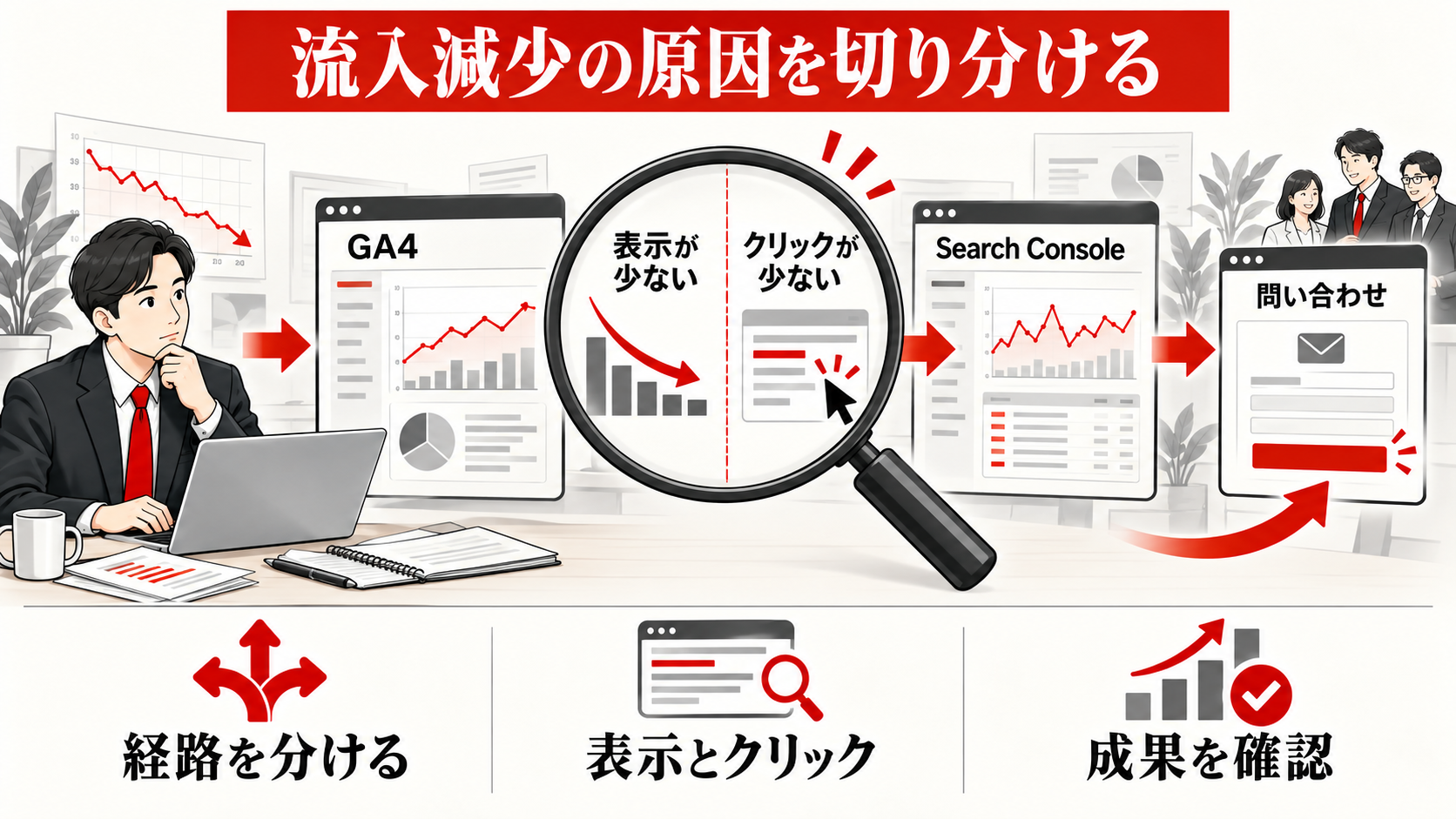 ホームページのアクセス数が少ない原因｜流入経路別の改善手順｜GA4とSearch Consoleで原因を切り分けるの図解