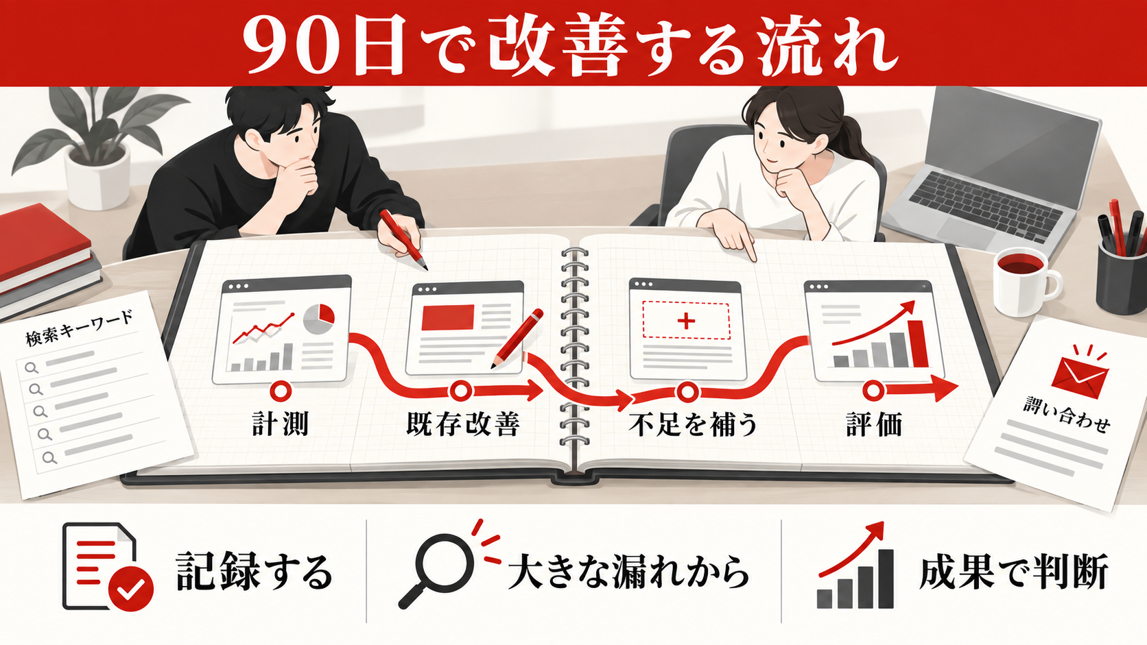 ホームページのアクセス数が少ない原因｜流入経路別の改善手順｜90日間の改善計画の図解