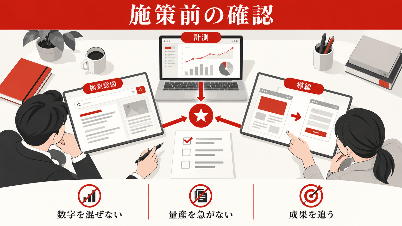 ホームページのアクセス数が少ない原因｜流入経路別の改善手順｜よくある失敗とチェックリストの図解