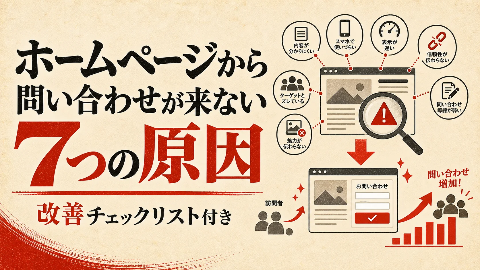 ホームページから問い合わせが来ない7つの原因｜改善チェックリスト付き｜アイキャッチ