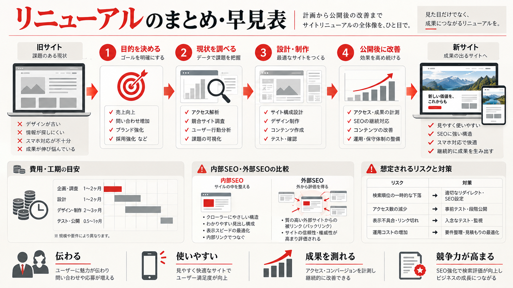 ホームページリニューアルの全体フローをまとめた早見表図解(達人ラボ)