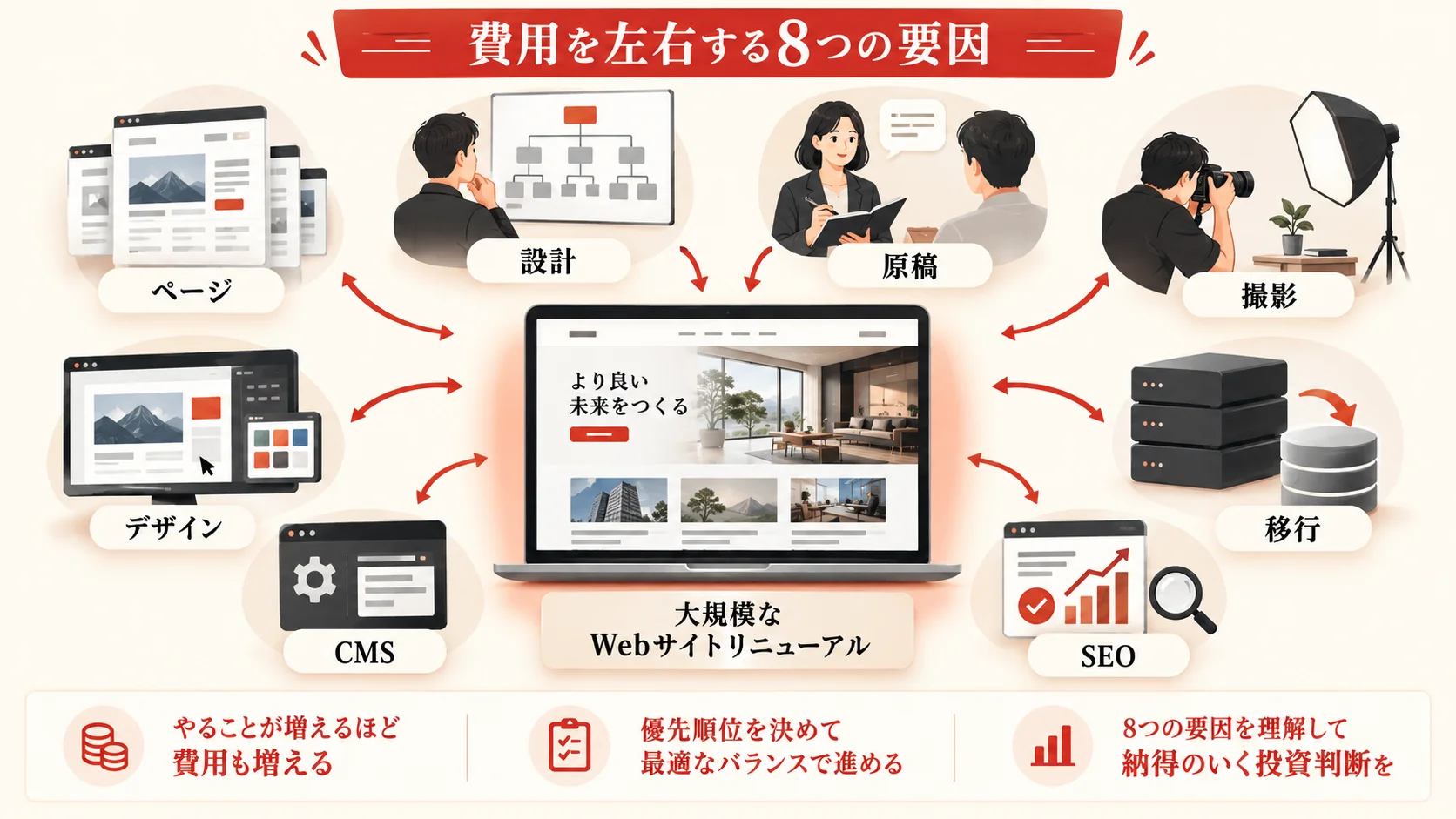 費用を左右する8つの要因の図解|達人ラボ