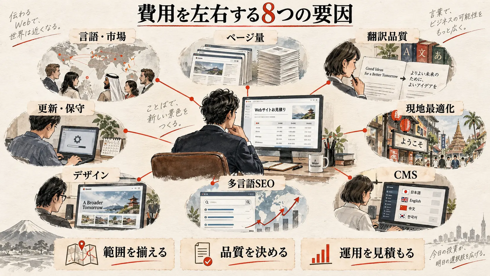 費用を左右する8つの要因の図解｜達人ラボ