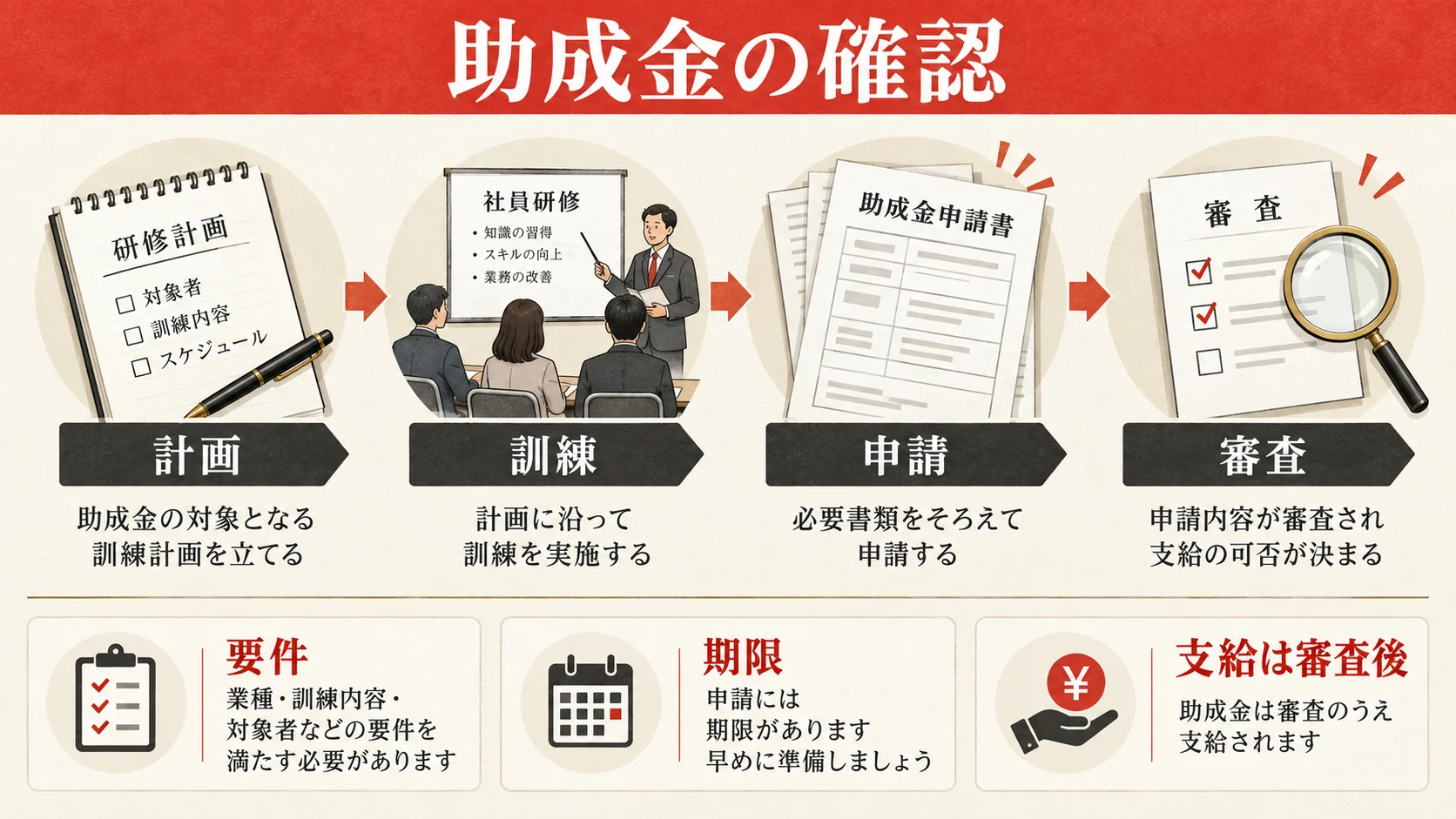 生成AI研修で助成金を確認する流れ