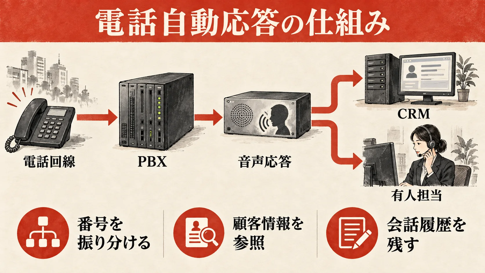 電話回線・PBX・音声応答・CRM・有人担当をつなぐ仕組み