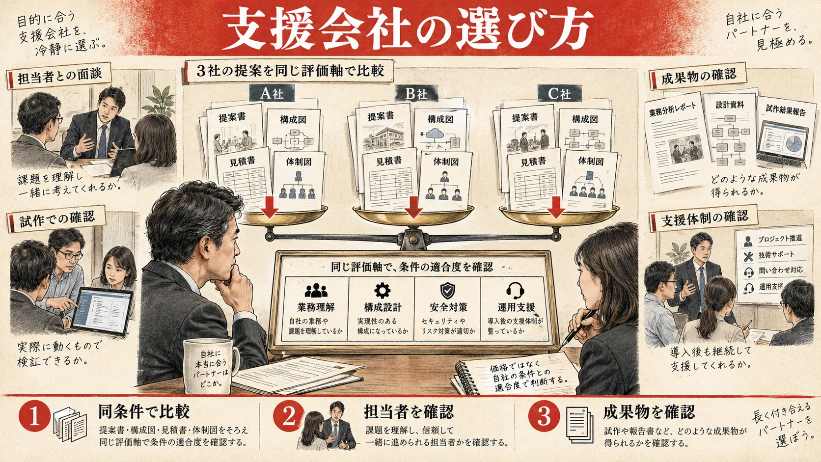 業務理解・構成設計・安全対策・運用支援で支援会社を比較